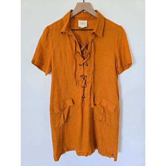 Anthropologie Maeve Linen Lace-Up Mini Dress Rust Orange Sz 6 - Picture 3 of 5